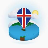 mappa rotonda isometrica dell'Islanda e indicatore di punto con bandiera dell'Islanda. nuvola e sole sullo sfondo. vettore