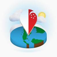mappa rotonda isometrica di singapore e indicatore di punto con bandiera di singapore. nuvola e sole sullo sfondo. vettore