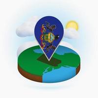 mappa rotonda isometrica dello stato della pennsilvania e indicatore di punto con bandiera della pennsilvania. nuvola e sole sullo sfondo. vettore