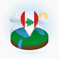 mappa rotonda isometrica del libano e indicatore di punto con bandiera del libano. nuvola e sole sullo sfondo. vettore