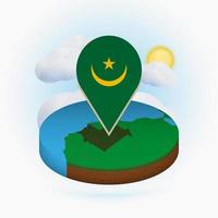mappa rotonda isometrica della mauritania e indicatore di punto con bandiera della mauritania. nuvola e sole sullo sfondo. vettore