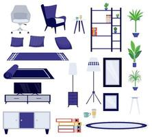 Set di mobili interni per soggiorno moderno con armadio per divano e stuoia per lampada e pianta da appartamento vettore