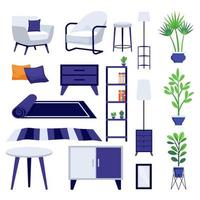 Set di mobili interni per soggiorno moderno e bellissimo con mobiletto divano e stuoia per lampada e pianta da appartamento con design colorato vettore