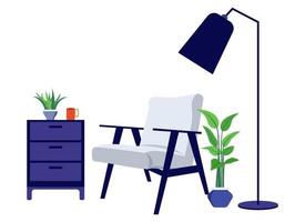 illustrazione del posto di lavoro del libero professionista dell'ufficio domestico con la lampada da terra moderna della poltrona e con l'armadietto vettore