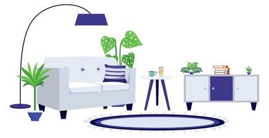 soggiorno moderno luogo di lavoro per l'home office freelance con lampada da terra divano e armadio e con pianta domestica isolata su bianco vettore