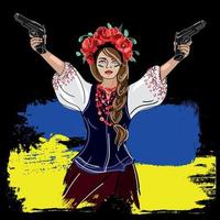 donna ucraina in un costume nazionale tradizionale con un'arma in mano che difende il suo paese e dall'aggressore. bella ragazza armata dell'ucraina su uno sfondo nero. modello di disegno vettoriale