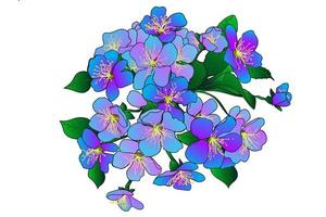 ramo di albero fiorito con foglie verdi, viola e rosa, si può usare per stampare su cartoline, vestiti e garofani vettore