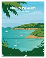 illustrazione vettoriale del paesaggio del fondo del parco nazionale delle isole vergini della spiaggia della baia del tronco. adatto per poster, cartoline, stampe d'arte.
