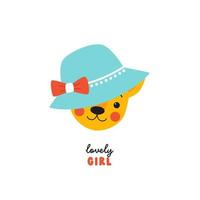 gattino carino con un cappello divertente. illustrazione vettoriale allegra disegnata in stile piatto per la stampa su tessuti per bambini, biglietti di compleanno, adesivi