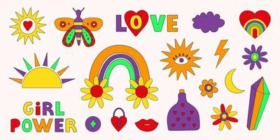 set colorato di icone vintage retrò hippie in stile anni '70-'80. illustrazione vettoriale alla moda. tutti gli oggetti sono isolati