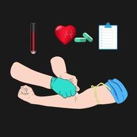 disegno immagine un medico che usa un batuffolo di cotone per pulire le braccia prima di un ago per prelevare il sangue da un investigatore per controllare il corpo vettore