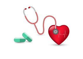 stetoscopio medico, capsula verde con cuore, sfondo bianco isolato illustrazione vettoriale concetto assistenza sanitaria
