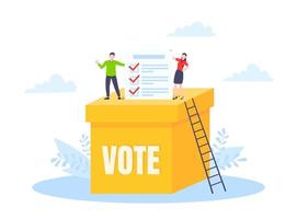 illustrazione di vettore di progettazione di stile piatto di concetto di voto online. piccole persone con sondaggio online di voto che lavorano insieme.