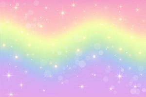 sfondo ondulato fantasia unicorno arcobaleno con bokeh e stelle. illustrazione olografica in colori pastello. luminoso cielo multicolore. vettore