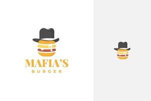 hamburger e cappello mafioso, design del logo hamburger mafioso vettore