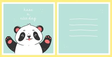 un modello di cartolina con un simpatico panda e la scritta buona giornata. il concetto di carta per bambini. illustrazione animale vettoriale. vettore