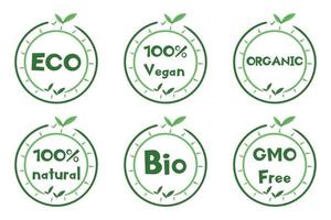 adesivo, etichetta, badge e logo per prodotti eco, bio, biologici e naturali. icona di ecologia. logo di colore verde per prodotti ecologici e biologici. illustrazione vettoriale.