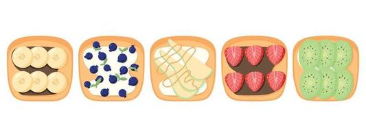 un set di panini con frutta e frutti di bosco. toast dolce con banana, fragola, pera, mirtillo e kiwi.illustrazione vettoriale.colazioni salutari.