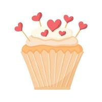 delizioso bellissimo cupcake con crema e cuori. muffin con panna montata. dessert appetitoso per compleanni, matrimoni e altre festività. logo per panetterie. illustrazione vettoriale. vettore