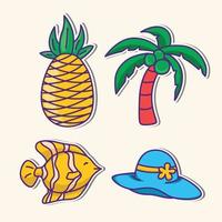 simpatico set di adesivi estivi, collezione di adesivi per vacanze tropicali, simpatico pacchetto di icone doodle per le vacanze estive vettore