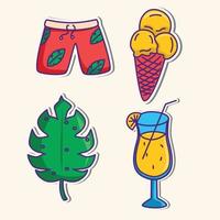 simpatico set di adesivi estivi, collezione di adesivi per vacanze tropicali, simpatico pacchetto di icone doodle per le vacanze estive vettore