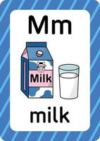 vettore di latte isolato su sfondo bianco lettera m flashcard pacchetto di latte cartone animato