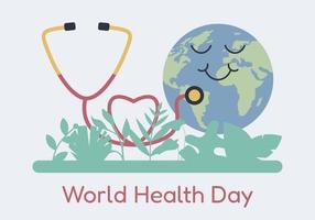 La giornata mondiale della salute è una giornata mondiale di sensibilizzazione alla salute celebrata ogni anno il 7 aprile. design moderno dell'illustrazione della salute di vettore con il globo e lo stetoscopio.