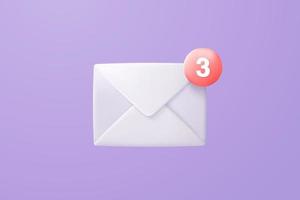 Icona della busta di posta 3d con notifica nuovo messaggio su sfondo viola. lettera e-mail minima con notifica bolla rossa icona non letta. concetto di messaggio 3d rendering vettoriale isolato sfondo pastello