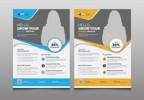 layout del modello di volantino aziendale moderno blu, giallo, opuscolo professionale unico creativo, mailer per la promozione della tua attività, ufficio, azienda, marketing, pubblicità, uso multiuso vettore