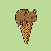 simpatico orso che dorme sull'illustrazione dell'icona del vettore del fumetto del gelato. concetto di icona di cibo per animali isolato vettore premium.