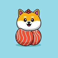 carino shiba inu sushi salmone cartone animato icona vettore illustrazione. concetto di icona di cibo per animali isolato vettore premium.