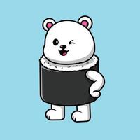 carino orso polare sushi salmone cartone animato icona vettore illustrazione. concetto di icona di cibo per animali isolato vettore premium.