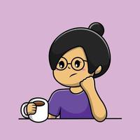 illustrazione sveglia dell'icona di vettore del fumetto della tazza di caffè della holding della ragazza. la gente beve il concetto di icona isolato vettore premium.