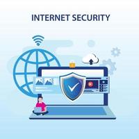 moderno concetto di design piatto di sicurezza Internet con personaggi che utilizzano laptop. gestione, protezione dei dati. modello vettoriale piatto
