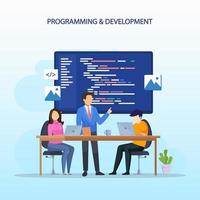 programmatori al concetto di lavoro, le persone lavorano sul tavolo utilizzando la programmazione e la codifica di laptop, linguaggi di programmazione. css, html, php, ui. modello vettoriale piatto