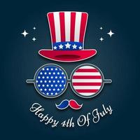 felice 4 luglio, festa americana, america usa bandiera cappello occhiali occhiali poster disegno vettoriale