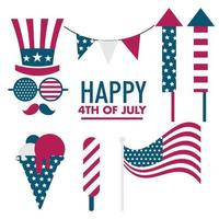 felice 4 luglio, giorno dell'indipendenza usa, insieme di elementi per le vacanze americane illustrazione del vettore del pacchetto di raccolta