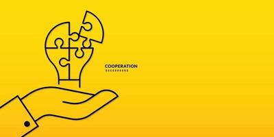 lampadina puzzle a mano su sfondo giallo, soluzioni aziendali, cooperazione e lavoro di squadra. idea e concetto di successo vettore