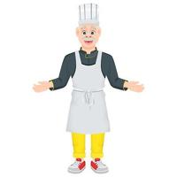 uno chef maschio dei cartoni animati accoglie gli ospiti con le braccia tese. un vecchio chef sorridente isolato su uno sfondo bianco. illustrazione vettoriale per menu, giochi o banner.