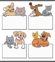 cani e gatti dei cartoni animati con set di design di carte bianche vettore