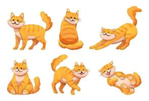 simpatico gatto a strisce arancioni in varie pose fumetto illustrazione vettore