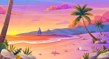 tramonto o alba sul paesaggio della spiaggia con bel cielo rosa e riflesso del sole sull'acqua. concetto del fumetto del fondo delle vacanze estive