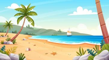 paesaggio di spiaggia tropicale con barca a vela e palme in riva al mare. concetto del fumetto del fondo delle vacanze estive vettore