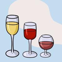 un set di diversi bicchieri da vino in vetro, uno striscione con uno spazio vuoto per la copia, un'illustrazione di un cartone animato vettoriale