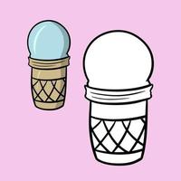 un set per un libro da colorare. gelato azzurro alla vaniglia e alla frutta in una tazza di cialda, dessert dolce freddo, illustrazione vettoriale cartone animato su sfondo rosa