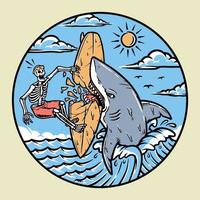 surfista del cranio attaccato dall'illustrazione dello squalo