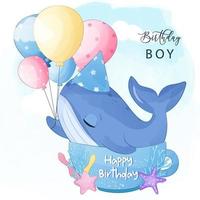 ragazzo di compleanno, carina piccola illustrazione di balena vettore