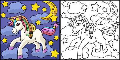 unicorno con illustrazione colorata di luna stella nuvola vettore