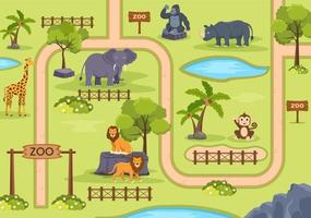 mappa dello zoo con gabbia e ingresso al parco all'aperto per scoprire dove si trovano gli animali nell'illustrazione vettoriale dei cartoni animati