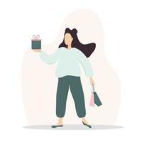 donna che fa shopping. ragazza felice che trasporta borse e regali. illustrazione del fumetto vettoriale isolata su sfondo bianco. modello di promozione e vendita.